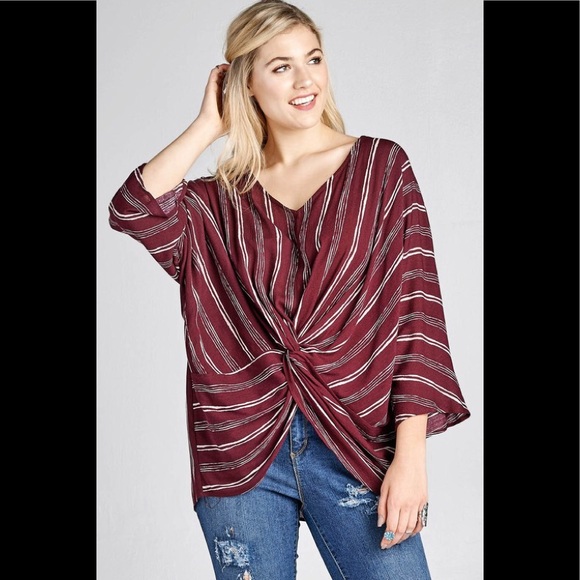 ODDY Tops - NWT Plus Size Wine Striped Blouse(last 1!)